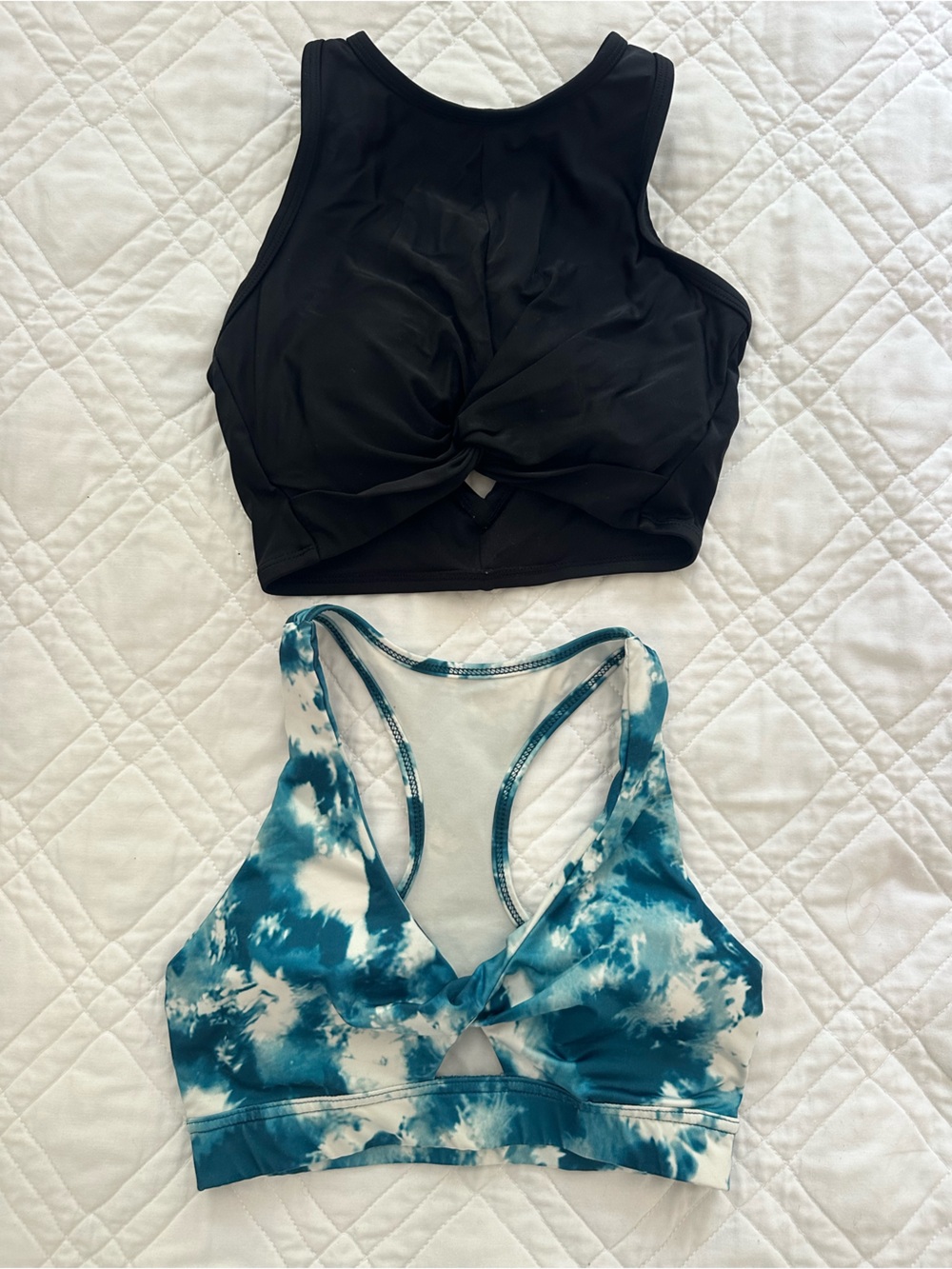 Two Sports Bras - Teal Tie-Dye with Knot Front and Black with Knot Front